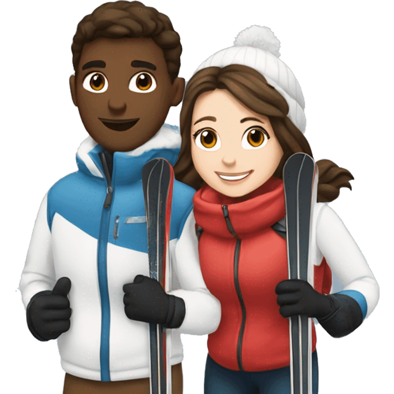 White brunette boy and white brunette girl skiing together in love (just them two, they are both white and brunette) emoji