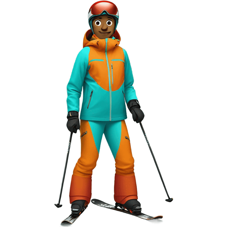 Skier wearing orange jacket and a red helmet and turquoise pants emoji