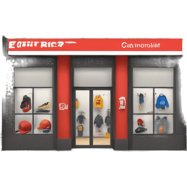 “Sports store exterior with a sleek design, large windows displaying athletic gear, bold signage, and an inviting entrance with modern doors.” emoji