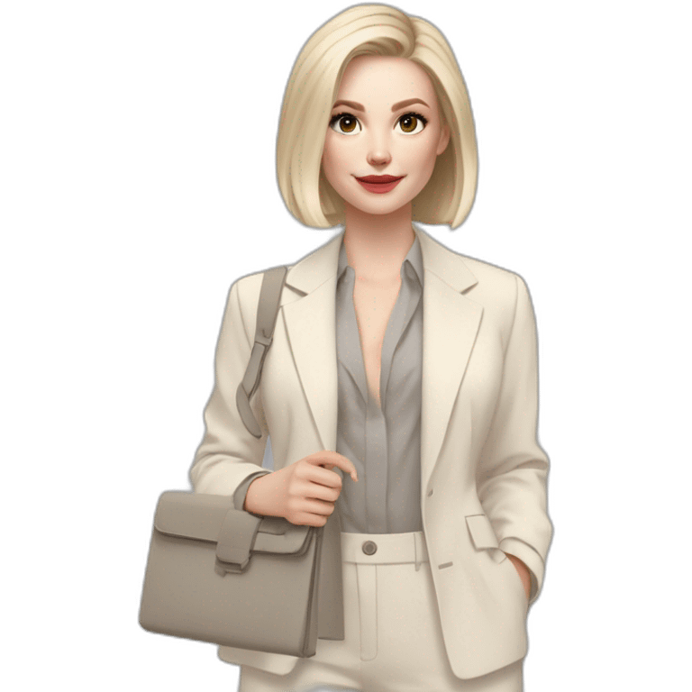 pale skin woman with ash blonde Straightened bob Hair, White Spacious classical jacket, beige palazzo Arrow pants and gray blouse holding RAL colour palette in the hands emoji