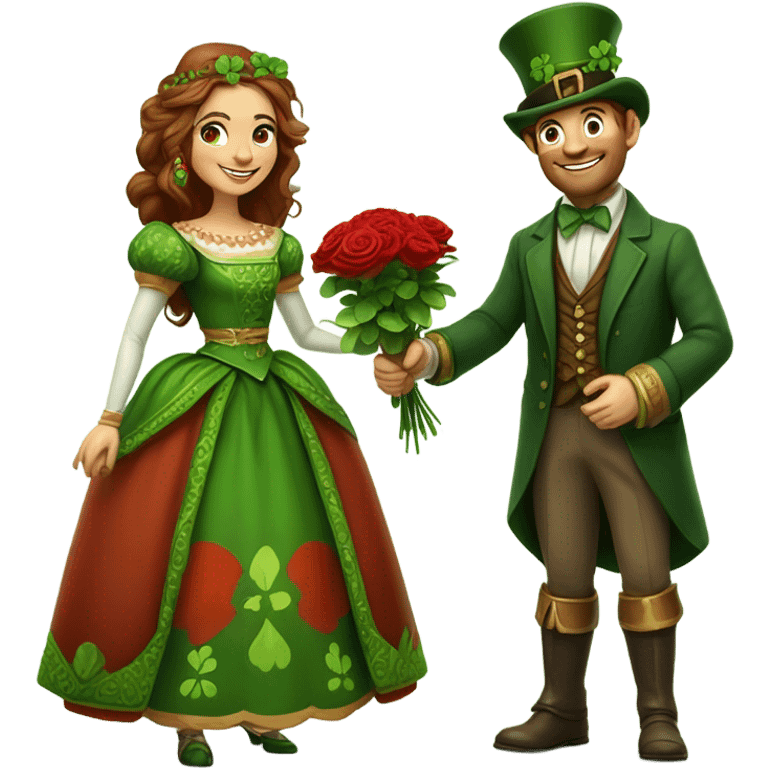 Short leprechaun giving red roses and clovers to a much taller brown haired queen emoji