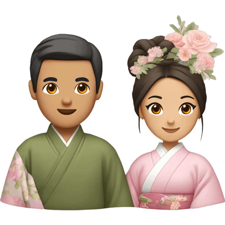 asian couple - man with center split slightly wavy hair wearing plain kimono with olive green inside and brown outside, woman with a low bun and flowers in her hair wearing light pink kimono with pastel florals of different colors emoji