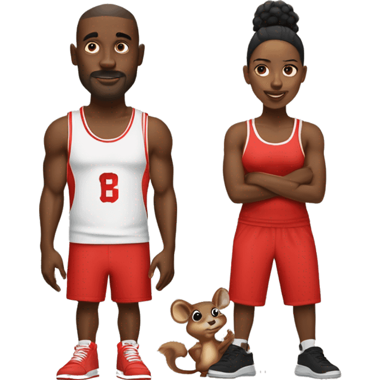 black man with black eyes riding a squirrel he has red basket ball shorts on and a black wife beater with red and black jordans  emoji