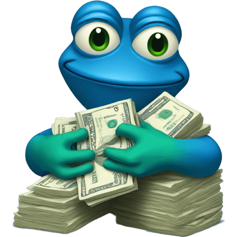 blue pepe frog holding a pile of cash emoji