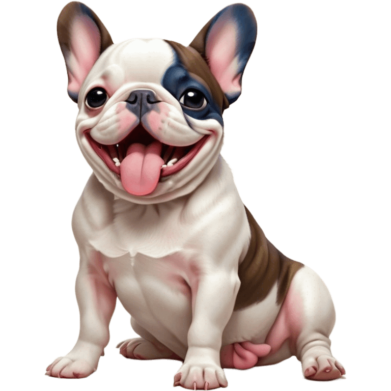 Cinematic Cute Yawning Pied French Bulldog Portrait Emoji, Head tilted with an exaggerated, endearing yawn and sleepy, squinty eyes, showcasing a unique pied fur of contrasting colors with a playful expression, simplified yet irresistibly adorable, highly detailed, glowing with a soft, cozy radiance, high shine, exuding a relaxed, humorous charm, styled with a gentle, soft glowing outline, capturing the essence of a Pied French Bulldog in a blissfully cute yawn that warms the heart! emoji