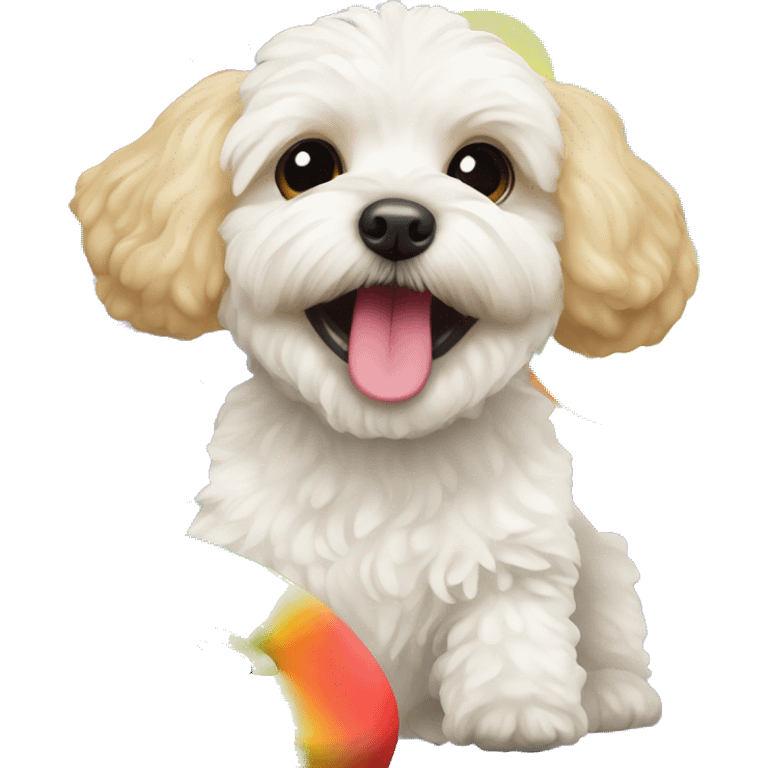 maltipoo dog with rainbow disc chew toy emoji