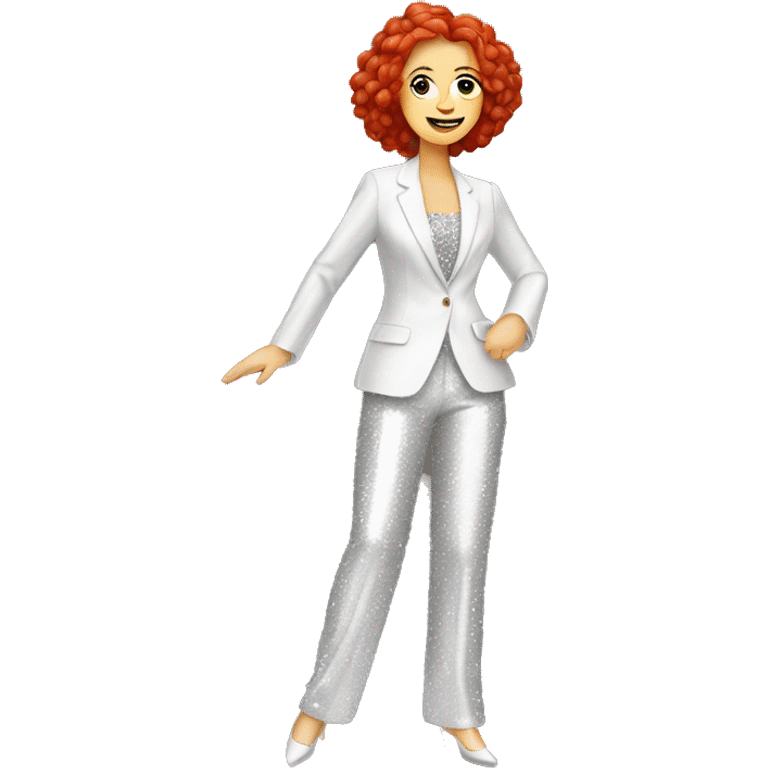 dancing white woman with red hair in a sparkly pantsuit emoji