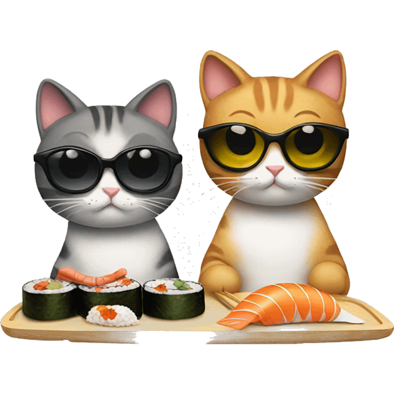 two cats wearing sunglasses eating sushi emoji