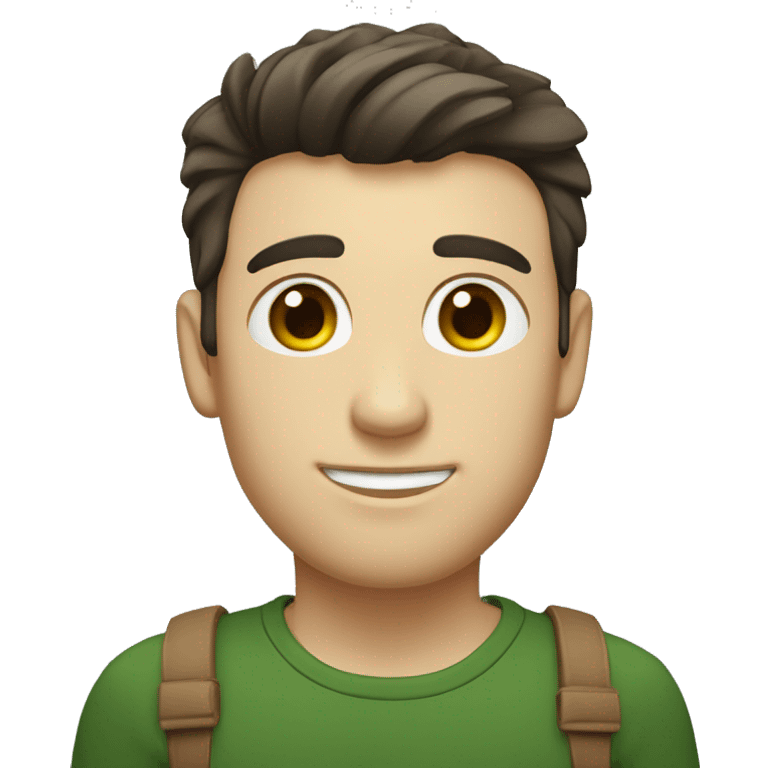 man with the following characteristics: Short, dark brown hair with a minimal quiff (a small upward tuft at the front). Dark green eyes. Friendly and approachable expression. emoji