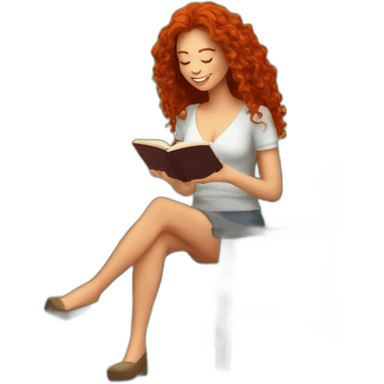 woman with long curly red hair reading a book with a glass of wine in a park emoji