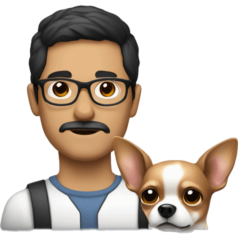 dark hair dark eye man with short mustache wearing glasses holding chihuahua emoji