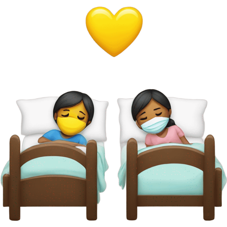 Two children, sick, each in their own bed, wearing masks, one Boy, one girl,, at home, get well soon sign with yellow heart emoji