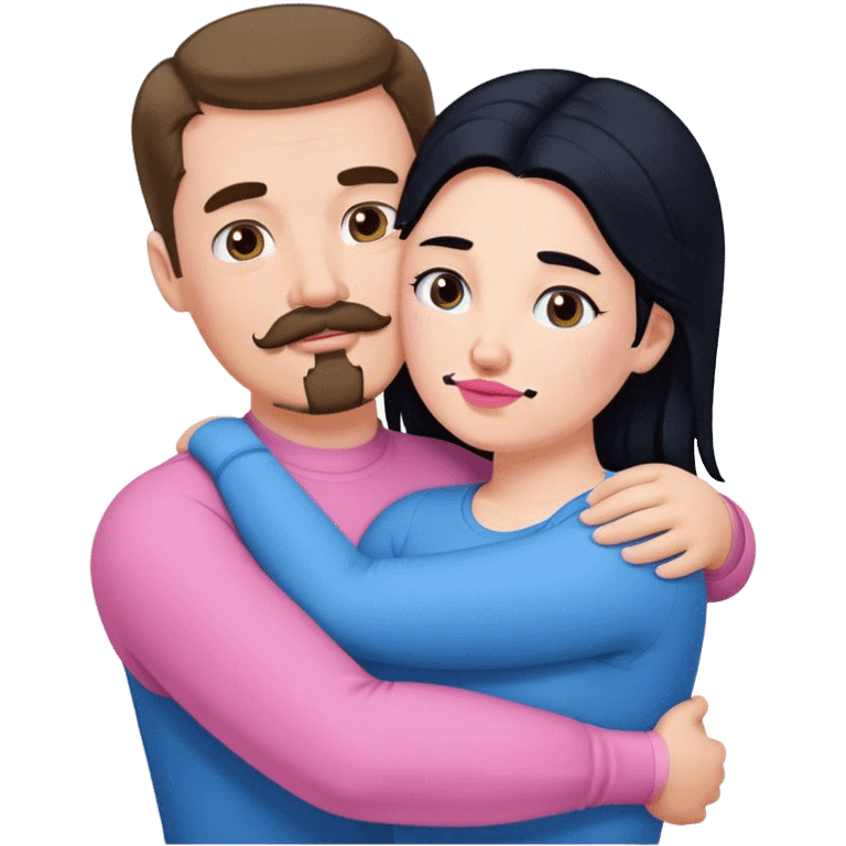 Tall strong white man with brown mustache goatee wearing blue hugging a chubby short pale woman with long black hair wearing pink emoji