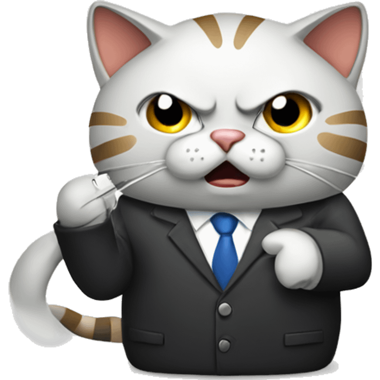 A cat in a business suit making an angry phone call emoji