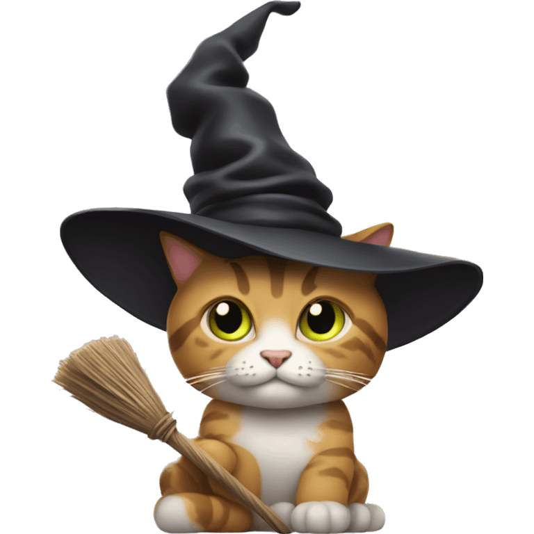 Cat wearing witch hat, holding a broom stick emoji