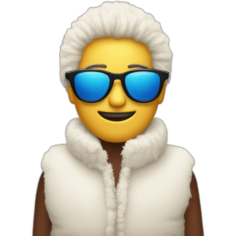 smile emoji wearing big sunglasses in white furry fleece vest emoji