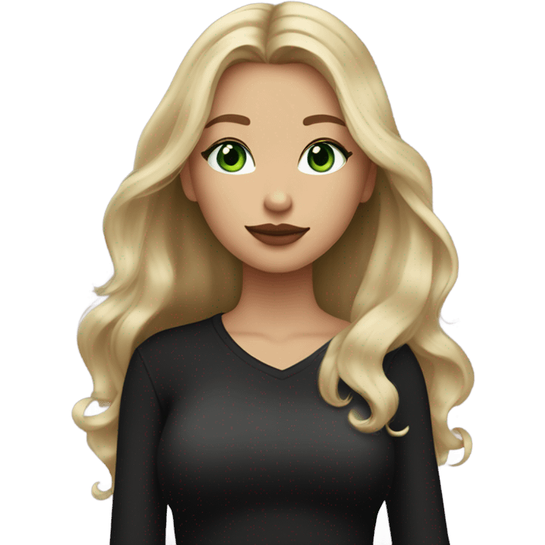 blonde balayage girl green eyes long hair mauve lips rosy cheeks black shirt emoji