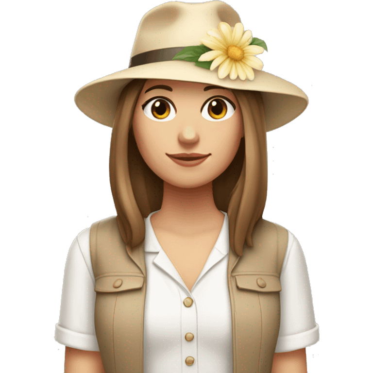 white girl with a flower in her hand, with a hat, shoulder-length brown straight hair, wearing a pastel jumpsuit with white shirt in it emoji