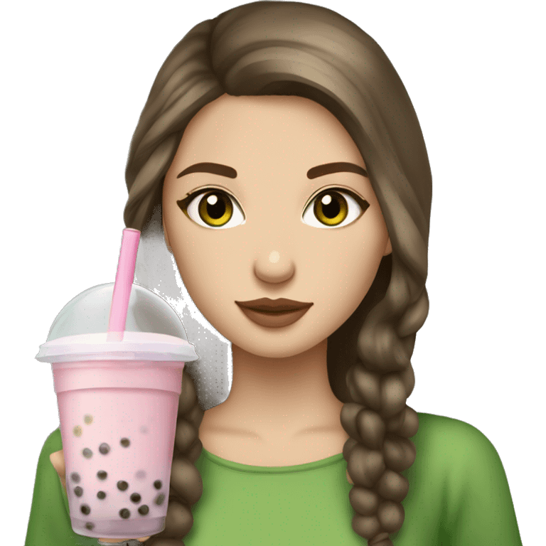 Slavic beautiful girls with brown hair with green eyes and medium hair holding  bubble tea  emoji