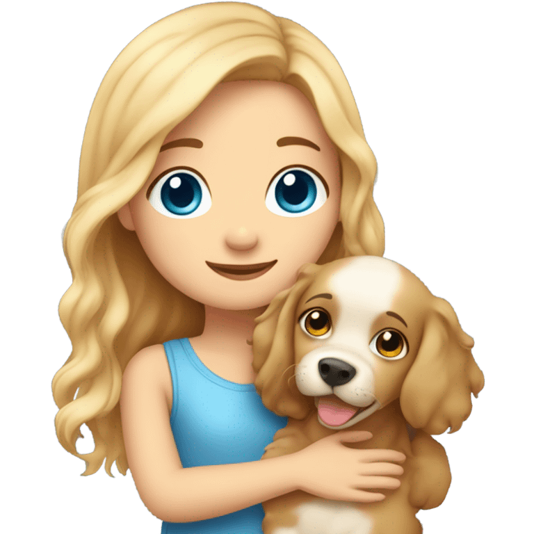 Please create a girl who hugs her pet doggie. The girl has a cute face and so does the doggie. The girl has light skin, blue eyes and light wavy long hair. emoji