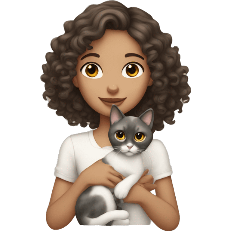 curly brunette girl gray eyes holding siamese cat emoji