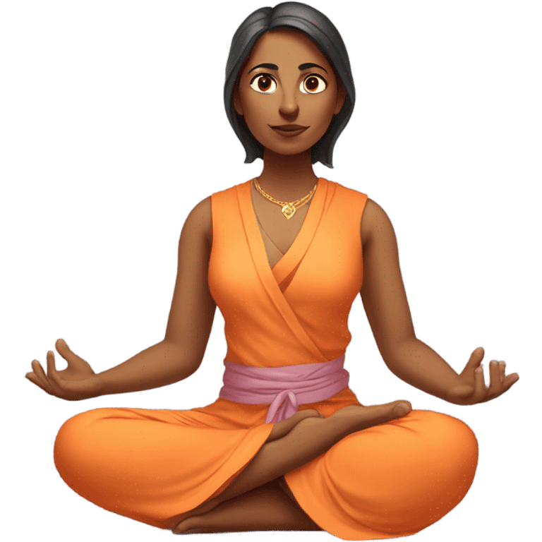 an  Indian woman, sleeveless pastel shirt
 yogi with a peaceful and meditative expression. The character should be wearing an orange robe, symbolizing traditional yogic attire. The yogi can be sitting in a lotus position emoji