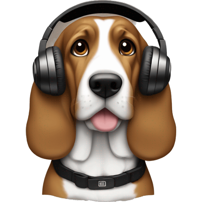 Black and tan bassett with tan chest wearing headphones emoji