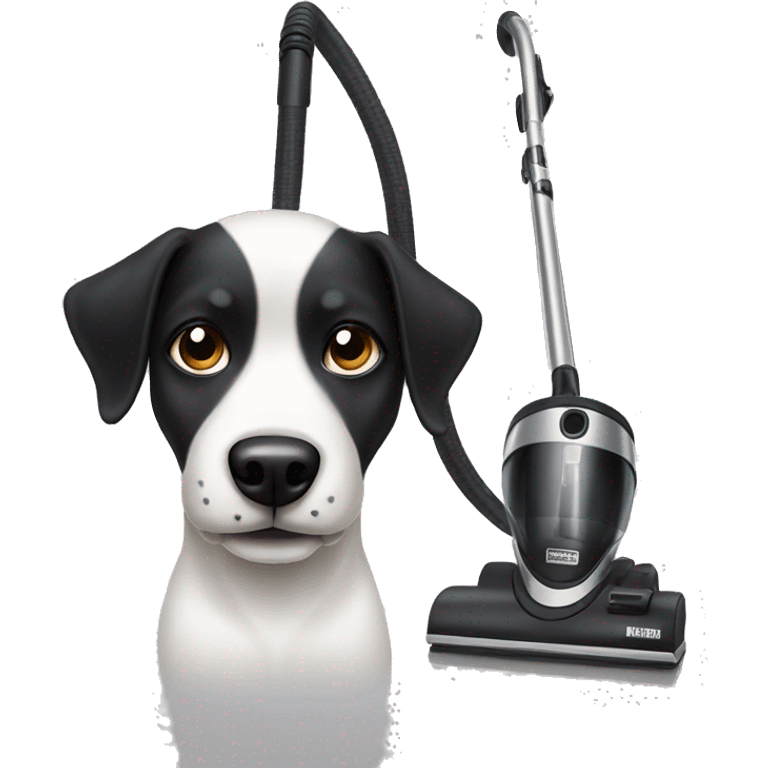 white and black dog with black head using the vacuum emoji