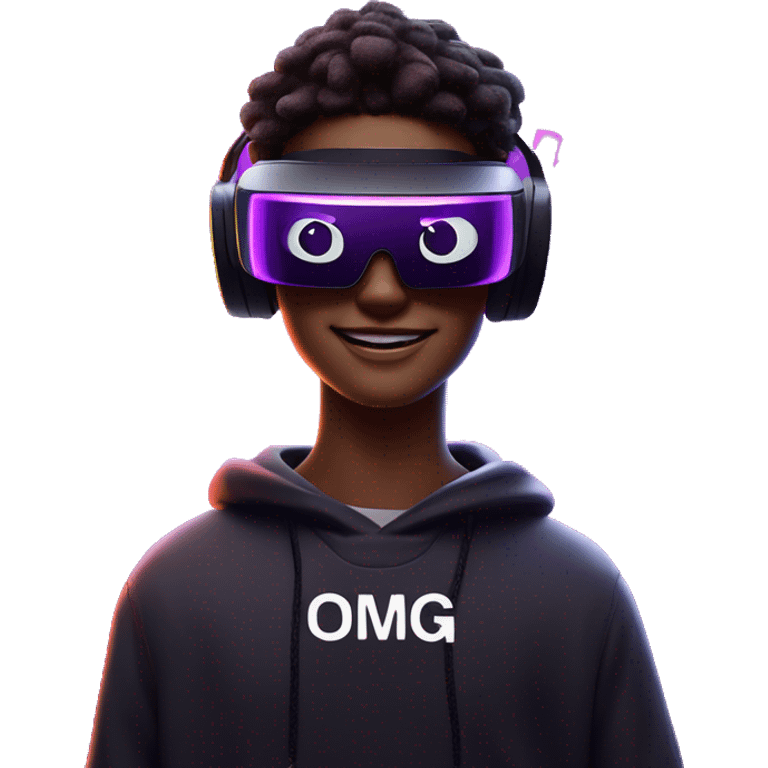 Happy student wearing a black hoodie with "OMG" letters on it and VR headset oculus quest 2 in a cyberpunk VR environment with violet neon lighting. emoji