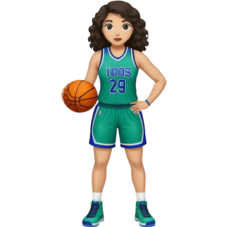 full body plus size light skin latino women basketball player with wavy dark hair wearing blue and green uniform emoji