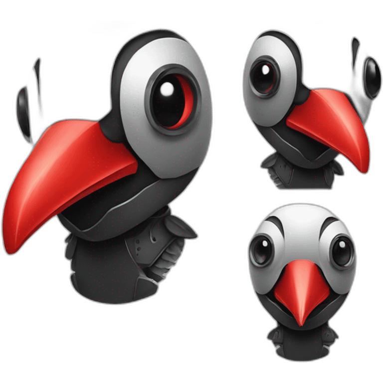 smiling robotic woodpecker with a red plague mask emoji