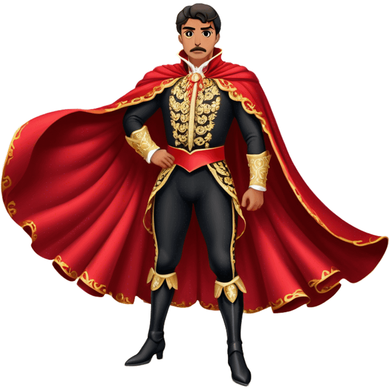 Spanish Matador – Cinematic Realistic Spanish Matador, portrayed in an ornate traje de luces with a flowing red cape, standing poised in a classic bullring with swirling dust and dramatic light, his intense expression and elegant stance capturing both bravery and artistry. emoji