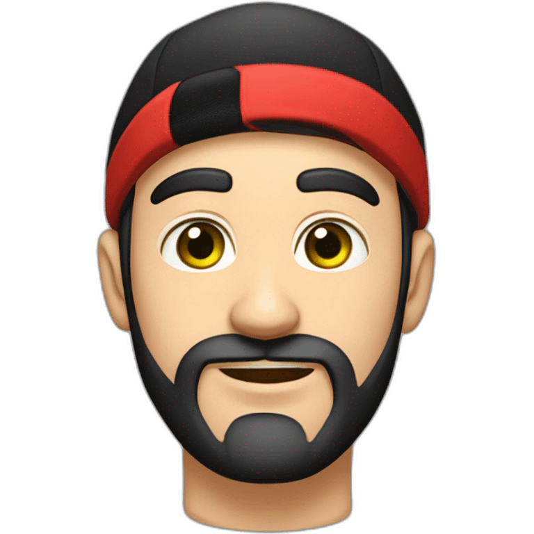 30-year-old man, dark brown beard, 10cm long, up to his nose, protruding ears, green eyes, beginning of unibrow, wearing black and red cap. emoji