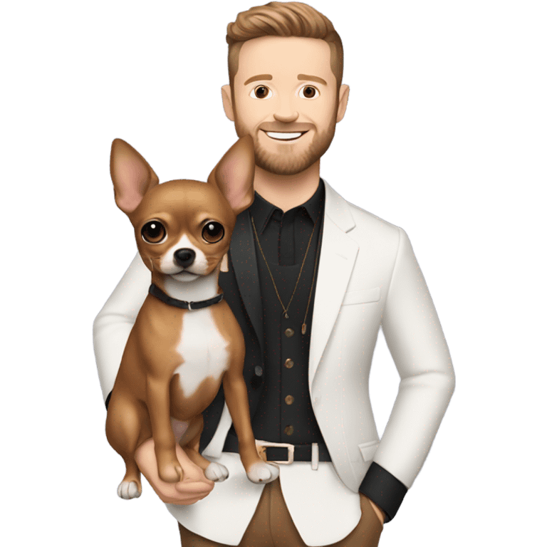 Me holding a brown chihuahua standing next to Justin Timberlake  emoji