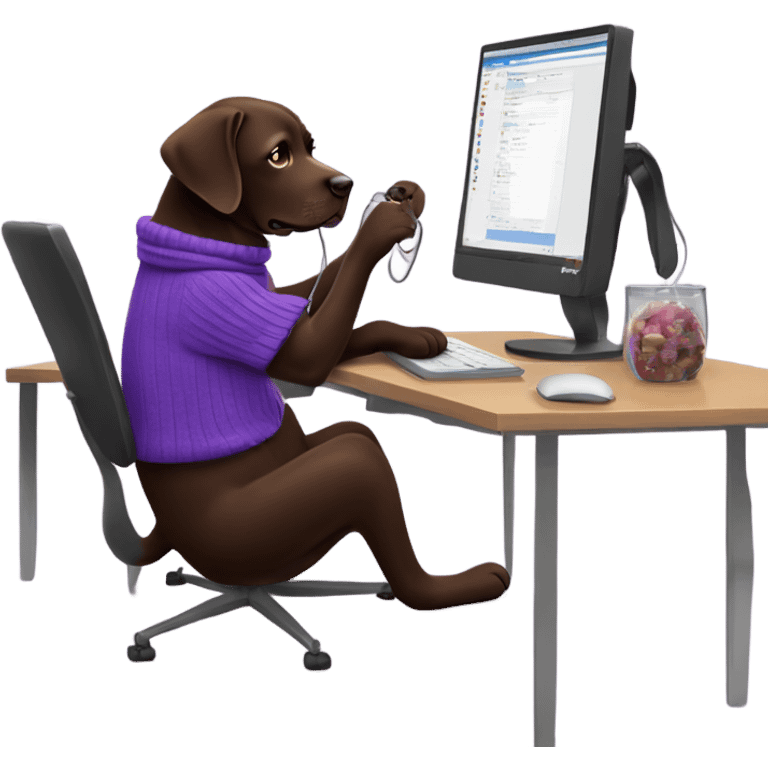 Chocolate lab working on computer with small headset , food on desk, wearing purple sweater  emoji