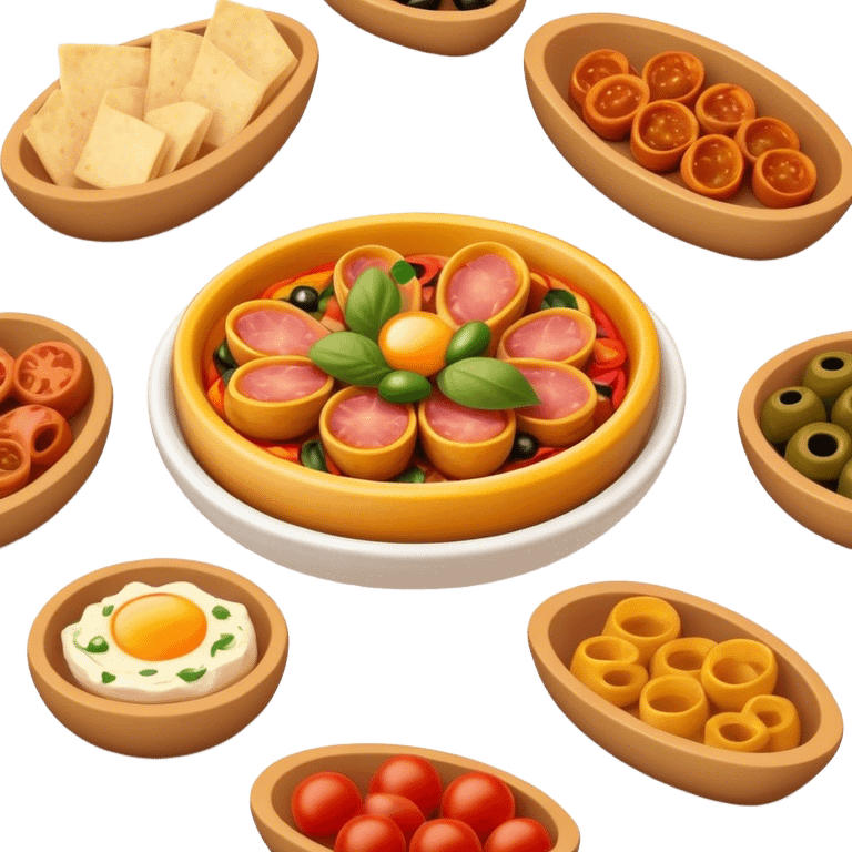 Cinematic Realistic Tapas Dish Emoji, depicted as an assortment of small, flavorful Spanish appetizers rendered with vibrant detail and warm, inviting lighting. emoji