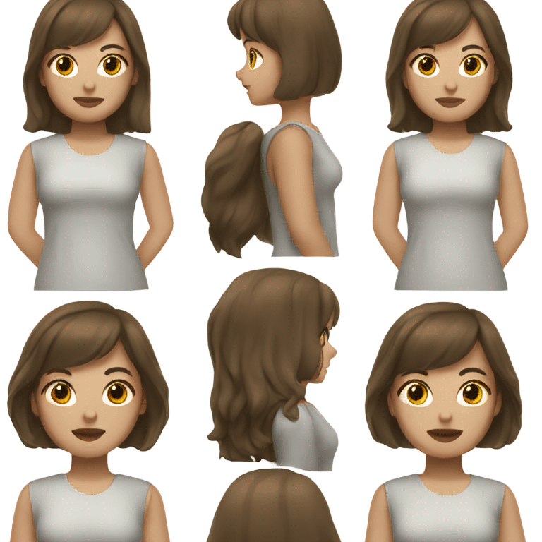 A girl with medium-length brown hair, chin-length bangs, and white skin color emoji