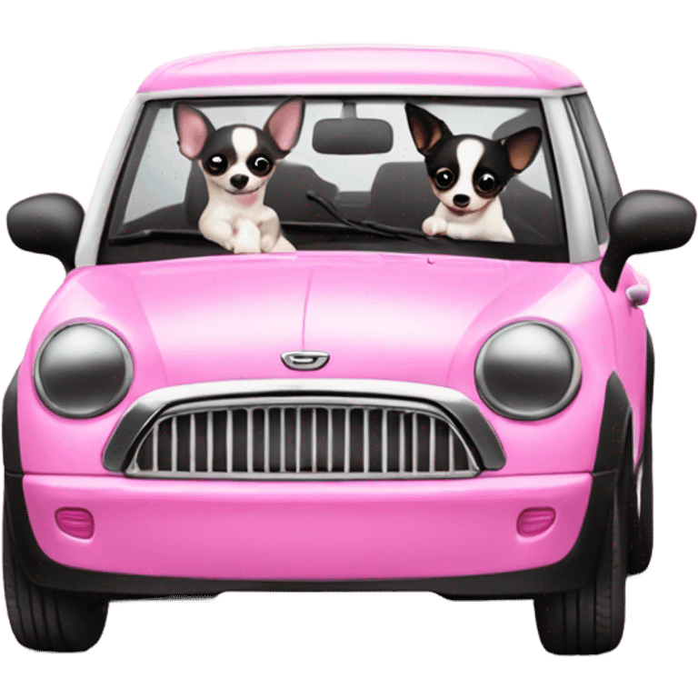 Black and white Chihuahua driving pink mini cooper emoji