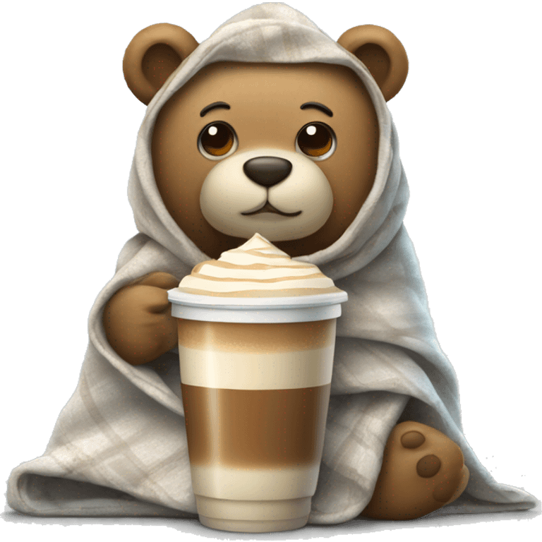 Frappes in a blanket Bear holding a cup of warm latte  emoji