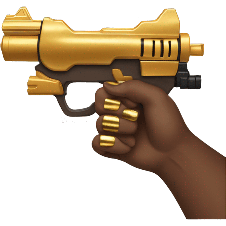 brown hand with gold nails holding large scary gold nerf gun emoji