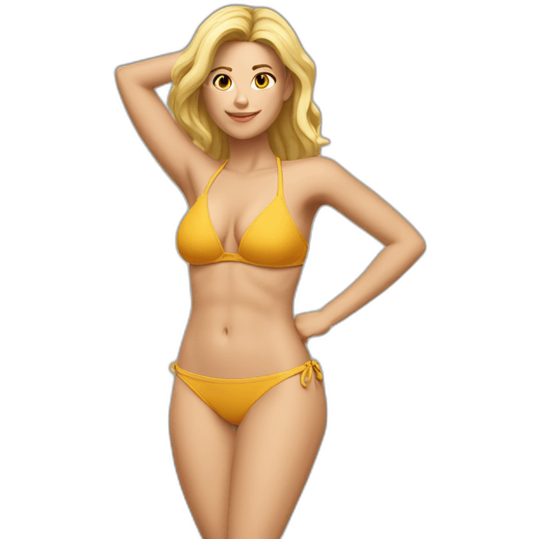 Soft-fit Caucasian woman bikini abs (hands-in-hair pose) (full body) couch emoji