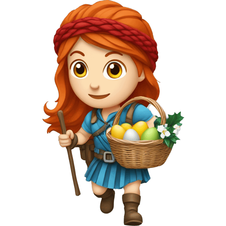 red hair female winter mountaineer climbing with Easter eggsbasket and Greek flag emoji