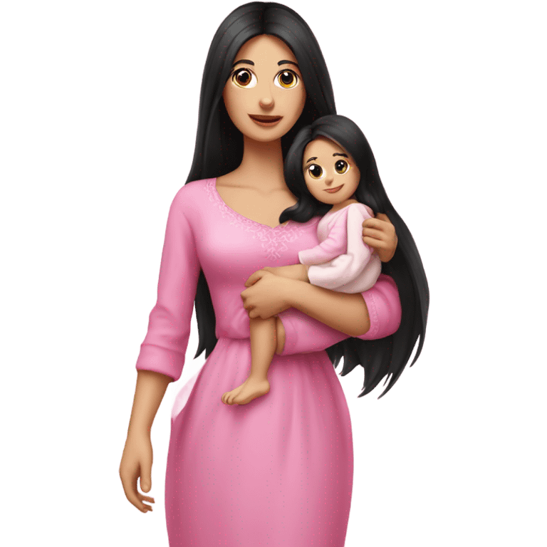 Beautiful Russian lady with very long black hair pink clothes holding baby  emoji