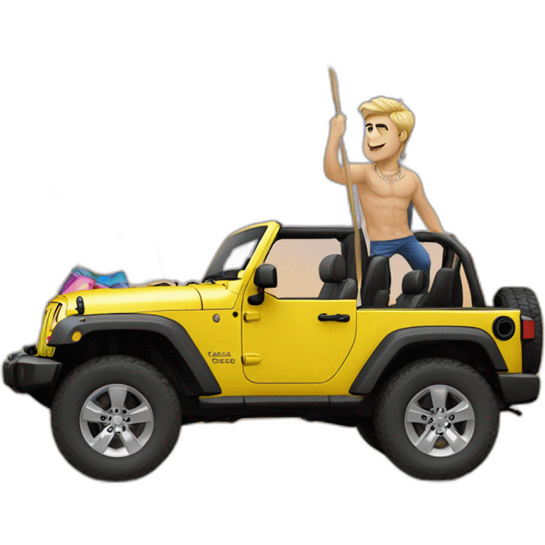 zac efron on a jeep wrangler with a raibow flag and gay dresses emoji