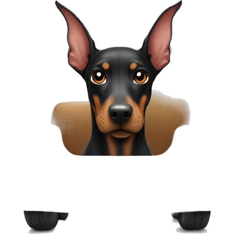 doberman inside a tiny transpor in but very happy emoji