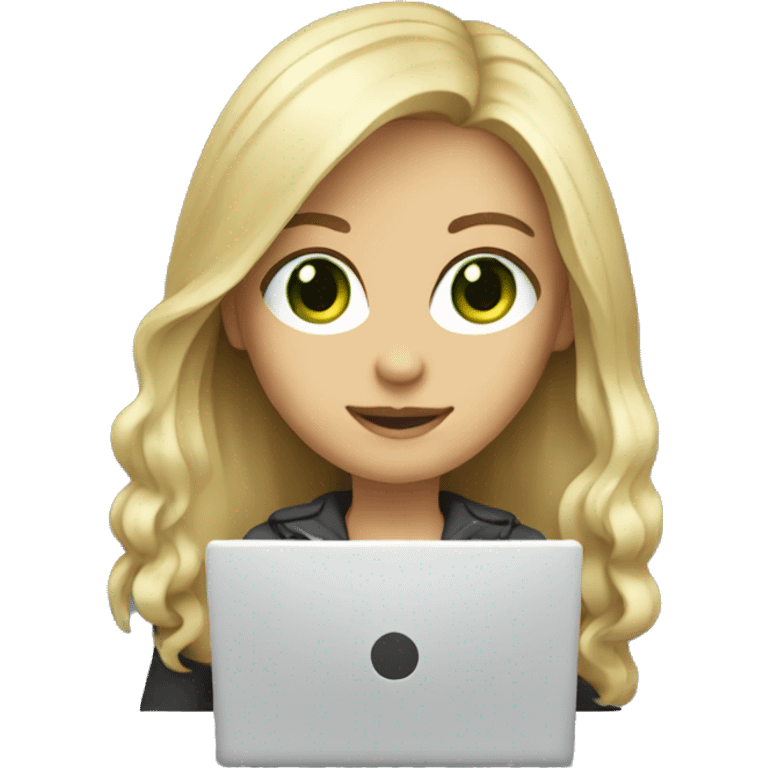 Female coder featuring a laptop. She has long hair, green eyes, white skin. emoji