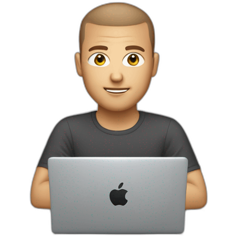 software engineer (white male, brown buzz cut hair, white gold earrings) in front of laptop, apple-style emoji