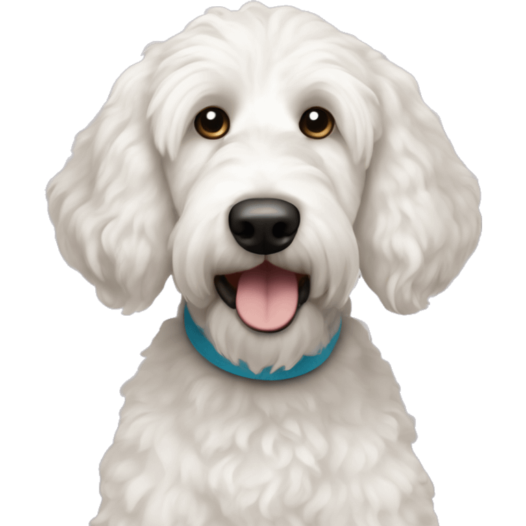 White goldendoodle with one dark brown ear emoji