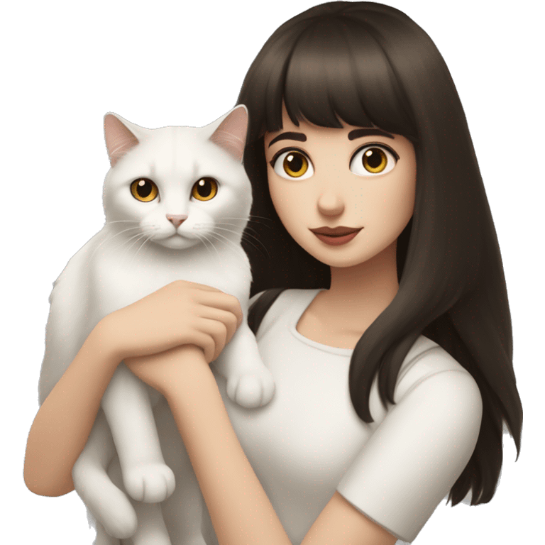 A pale girl with dark brown hair and dark brown eyes and bangs holds a white cat in her hands and looks at cat emoji