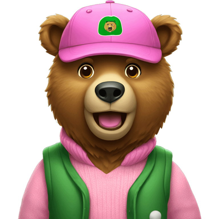 Brown bear wearing green baseball cap and pink sweater with vest emoji